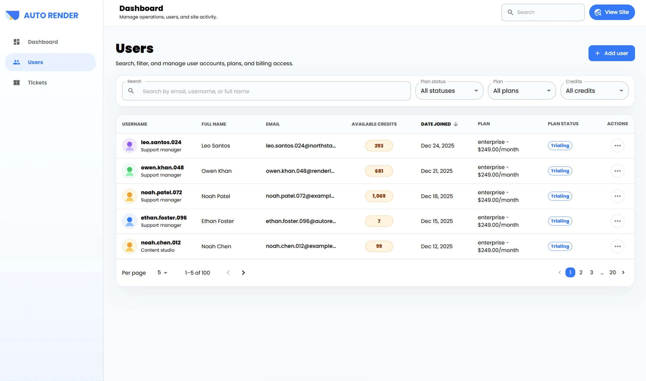 AutoRender Admin Panel screenshot